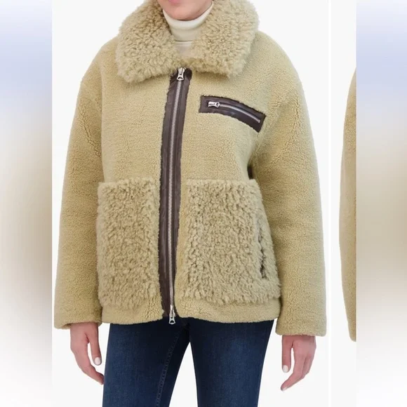 NWT HUDSON JEANS faux leather & faux shearling zip up jacket natural color small - Picture 2 of 6